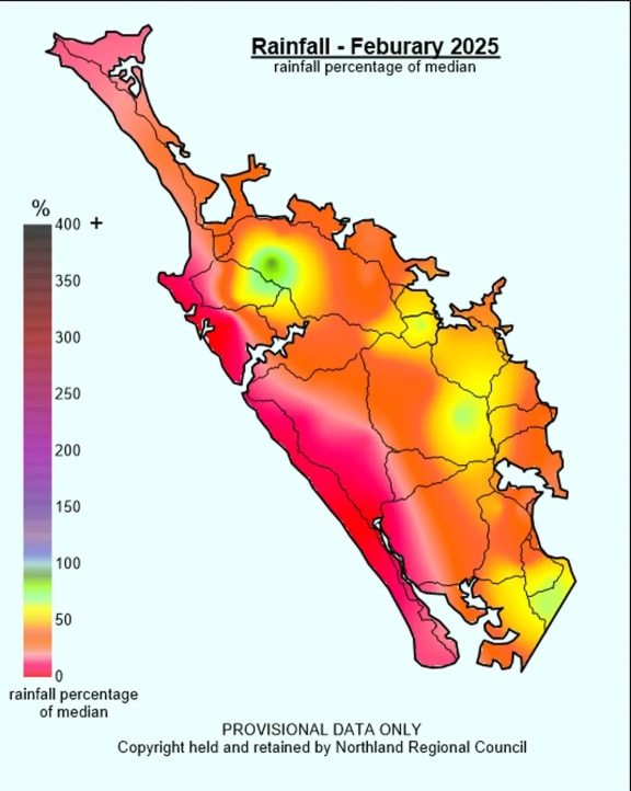 A Northland Regional Council rainfall map showing extremely dry conditions in the west of the region during February.
