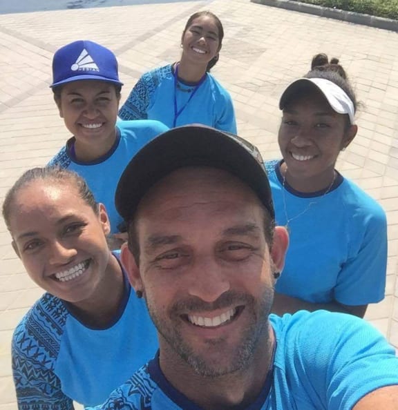 Pacific Oceania Fed Cup tennis captain Patrice Cotti (c) and from players from left: Steffi Carruthers, Mayka Zima, Ayana Rengiil, Abigail Tere-Apisah.
