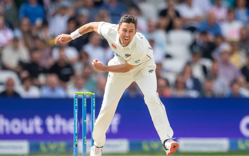New Zealand's Trent Boult bowls against England during day 3 of the 3rd Test between New Zealand and England at Headingley, Leeds, England on 25 June, 2022.