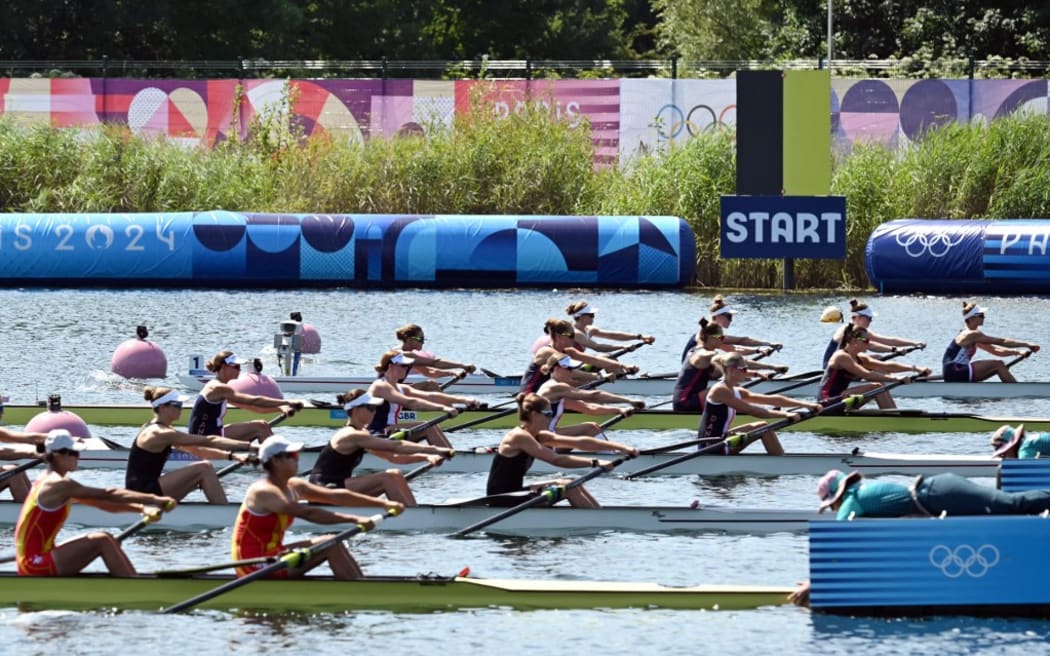 China, New Zealand, Denmark, Great Britain and US's rowers take the start in the women's four heats rowing competition at Vaires-sur-Marne Nautical Centre in Vaires-sur-Marne during the Paris 2024 Olympic Games on July 28, 2024. (Photo by Bertrand GUAY / AFP)