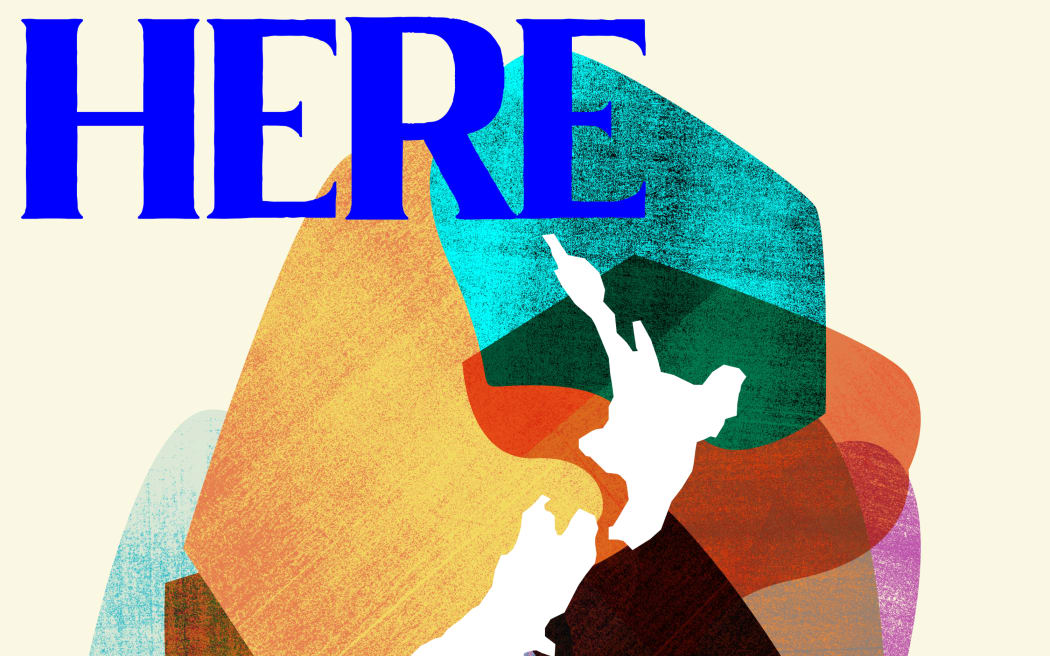 Podcast title 'Here Now' in front of a colourful background with overlaid shapes. A map of New Zealand is also overlaid over the coloured shapes.