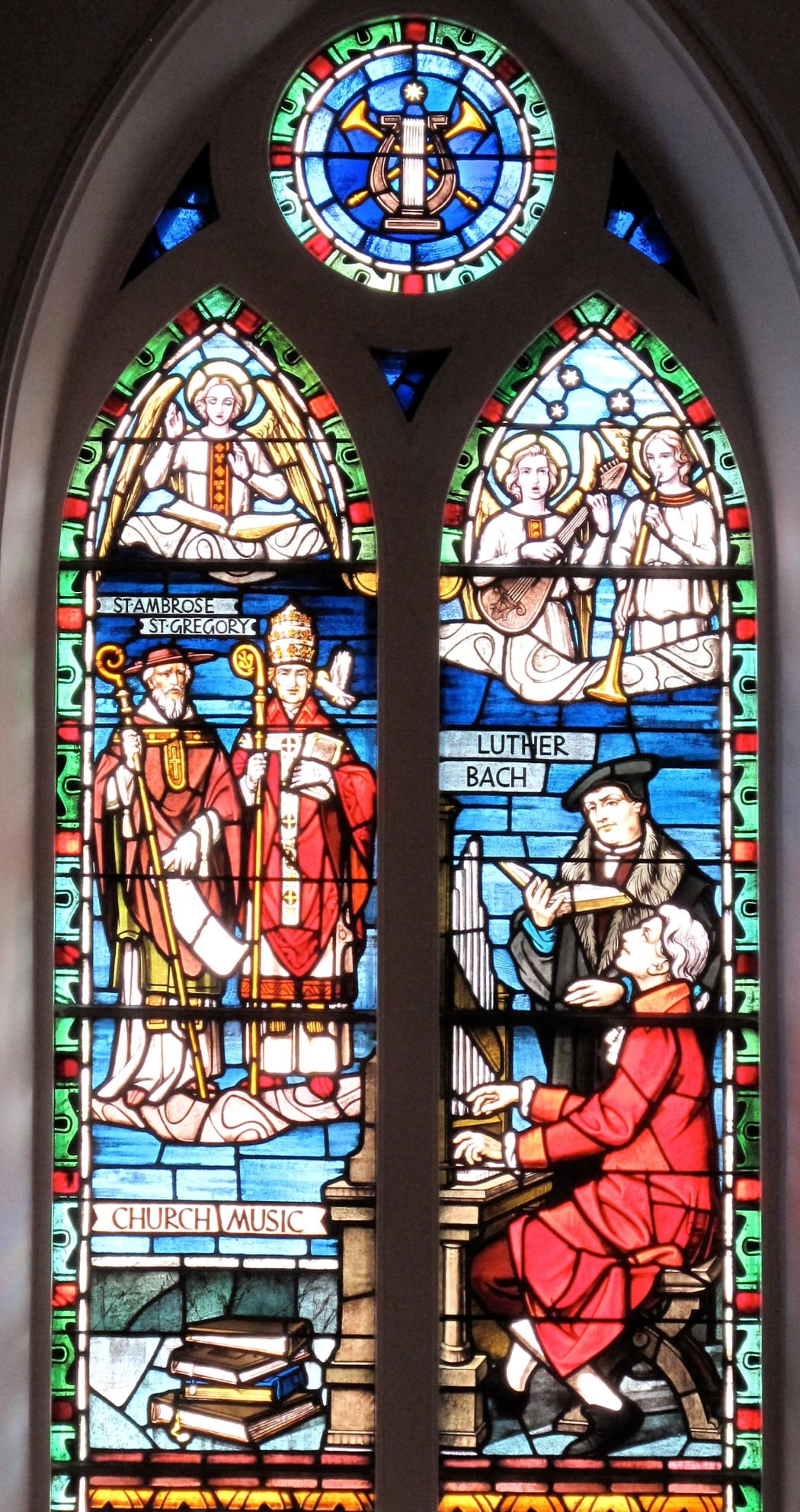Church Music stained glass window at St. Matthew's Lutheran Church in Charleston, SC. Designed by the studio of Franz Mayer & Co. of Munich, Germany.