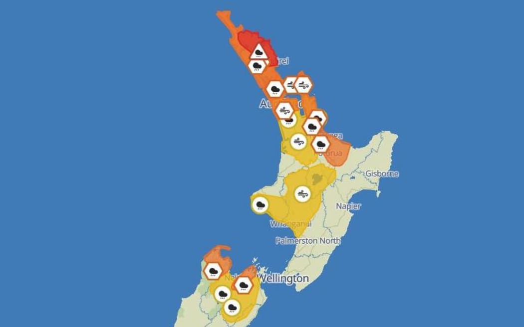 Notice a number of red and orange level weather warnings out for the top of the North Island on 25 March 2026.