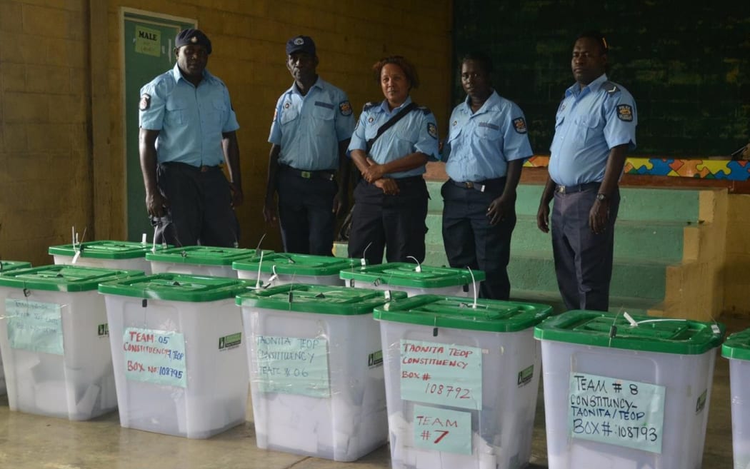 Police guard ballot boxes filled during 2018 by-elections in Bougainville.