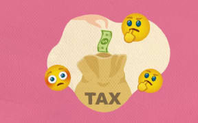 An illustration of a hand dropping a dollar bill into a bag marked "tax". Three face emjoiis signifying question and puzzlement surround it.