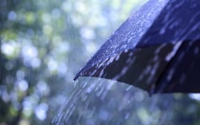 Rain drops falling from a black umbrella
