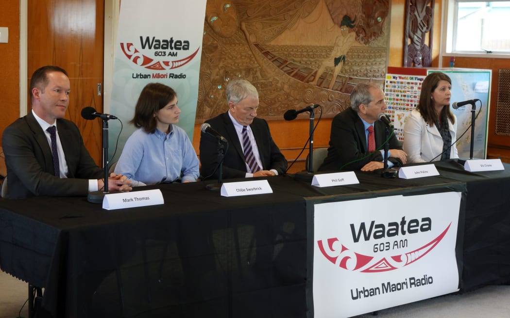 Auckland mayoral candidates (from left) Mark Thomas, Chloe Swarbrick, Phil Goff, John Palino and Vic Crone  at the Radio Waatea debate in Mangere.