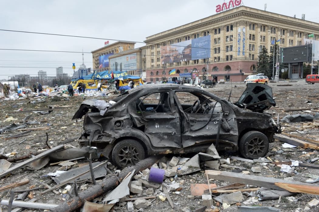 A view of the square outside the damaged local city hall of Kharkiv, Ukraine, on 1 March, 2022, destroyed as a result of Russian troop shelling.