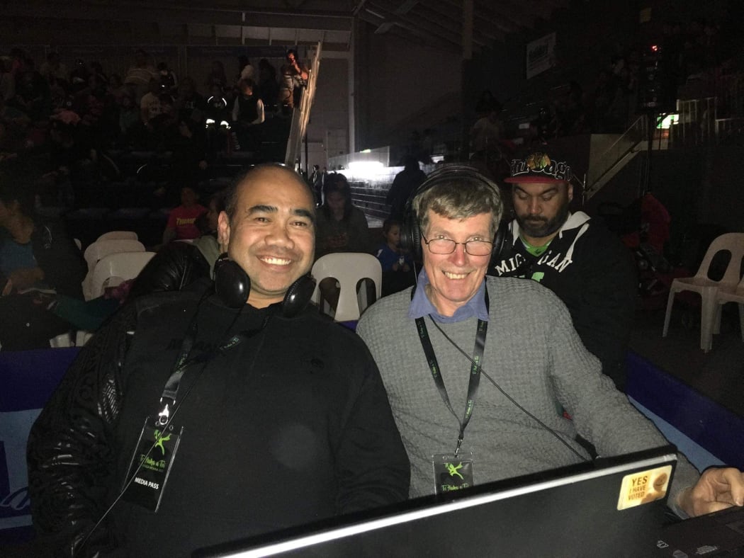 Hauturu Paama with Papa George Burt at a kapahaka livestream event.