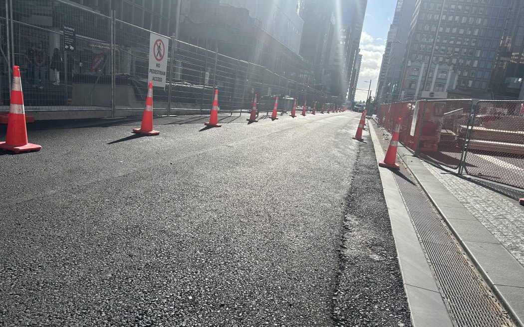 Image shows roadwork in Auckland's CBD. A line of orange road cones extend into the distance.