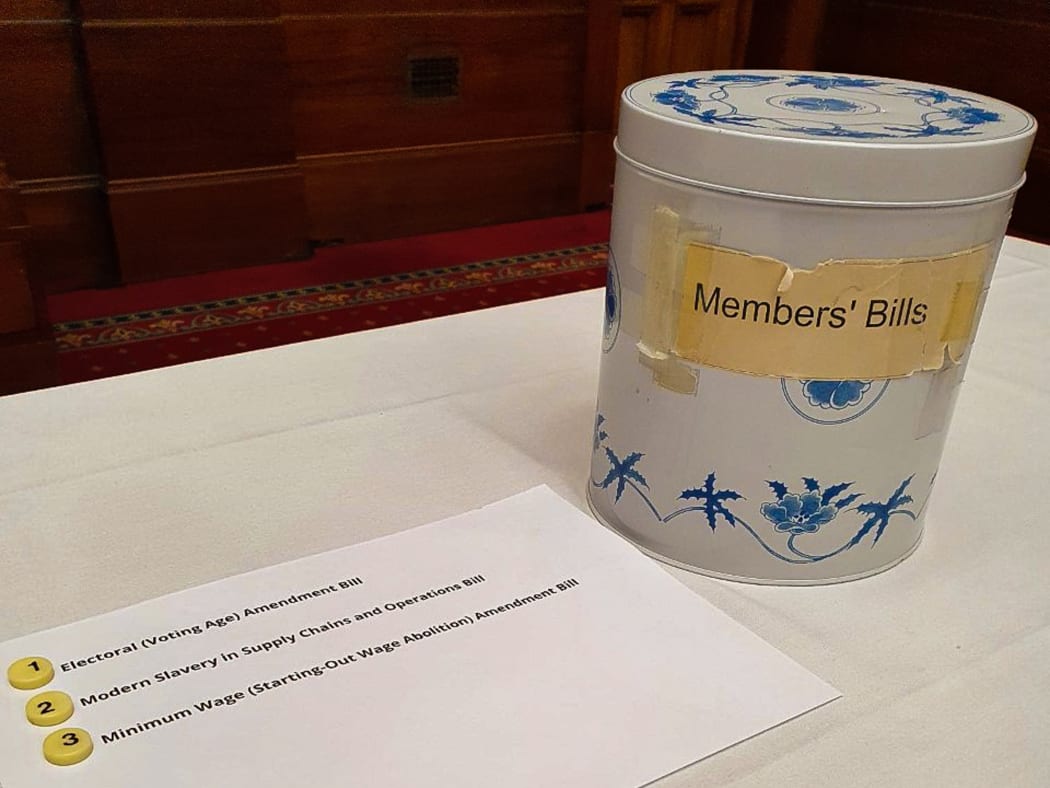 The biscuit tin ballot for Youth Parliament 2022. The three bills available address reducing the voting age to 16, fighting modern slavery in supply chains, and resolving age-based discrimination against young workers
