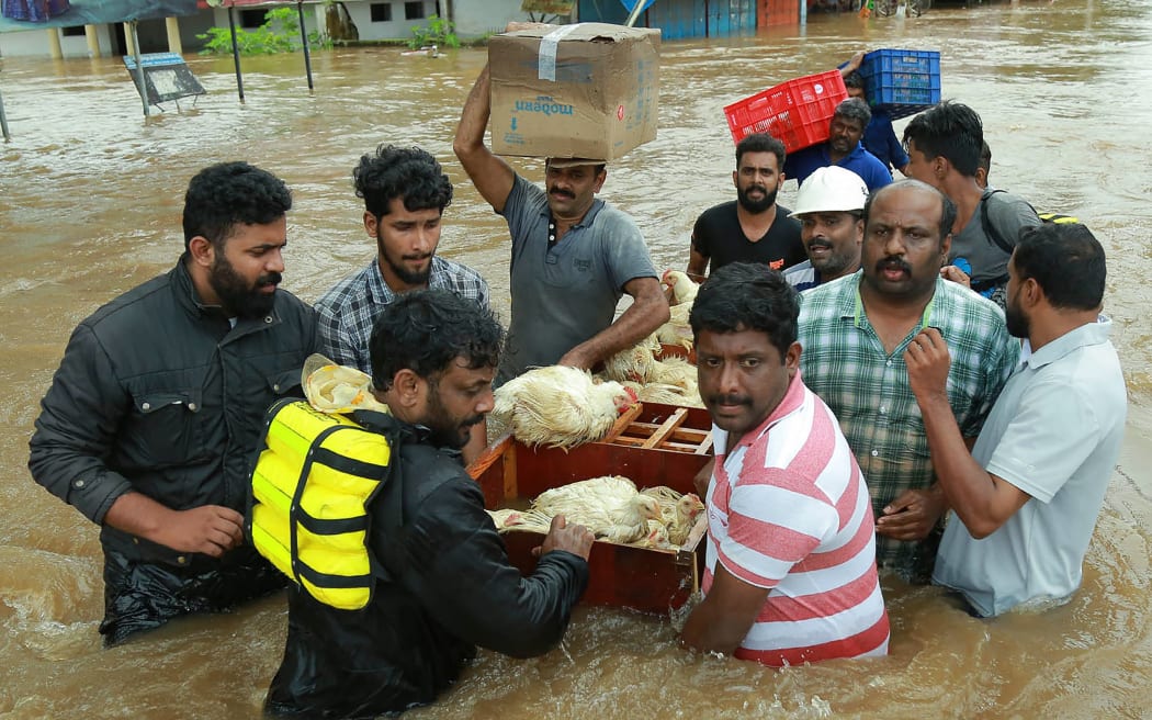 An Indian poultry farmer and his friends take a batch of hens to a safer place at Aluva in Ernakulam district