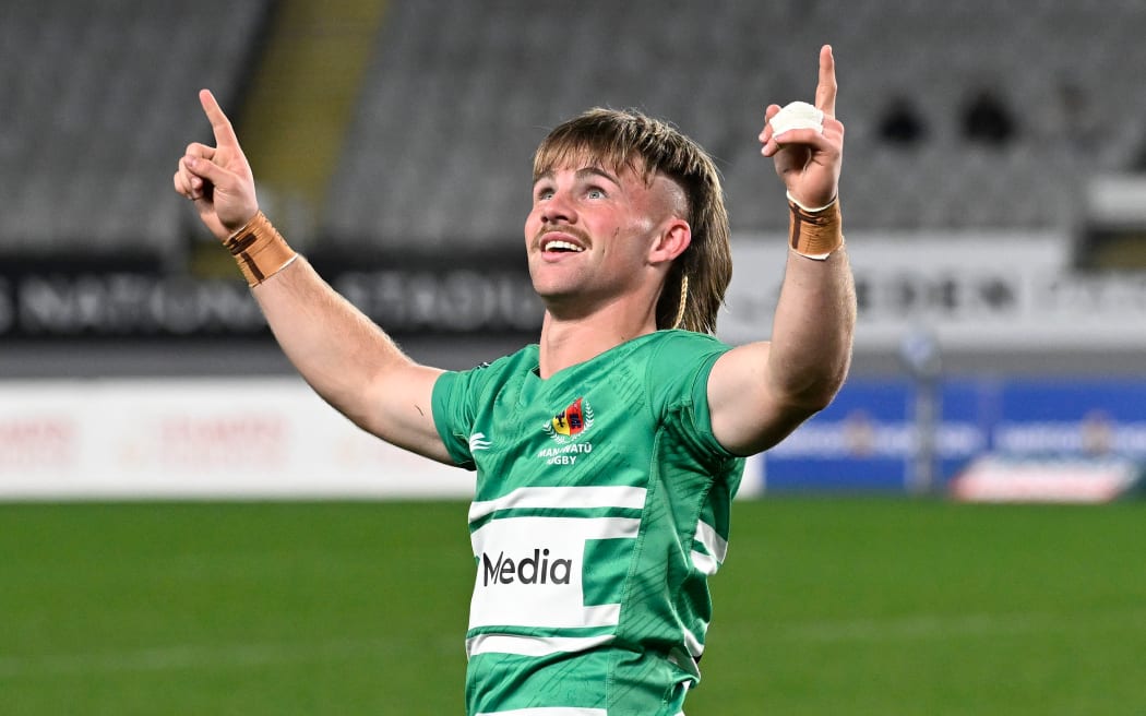 Jordi Viljoen of Manawatu celebrates winning the match. Auckland v Manawatu, Week 4 of the 2023 Bunnings Warehouse NPC domestic rugby union competition at Eden Park, Auckland, New Zealand on Wednesday 30 August 2023. Mandatory credit: Andrew Cornaga / www.photosport.nz