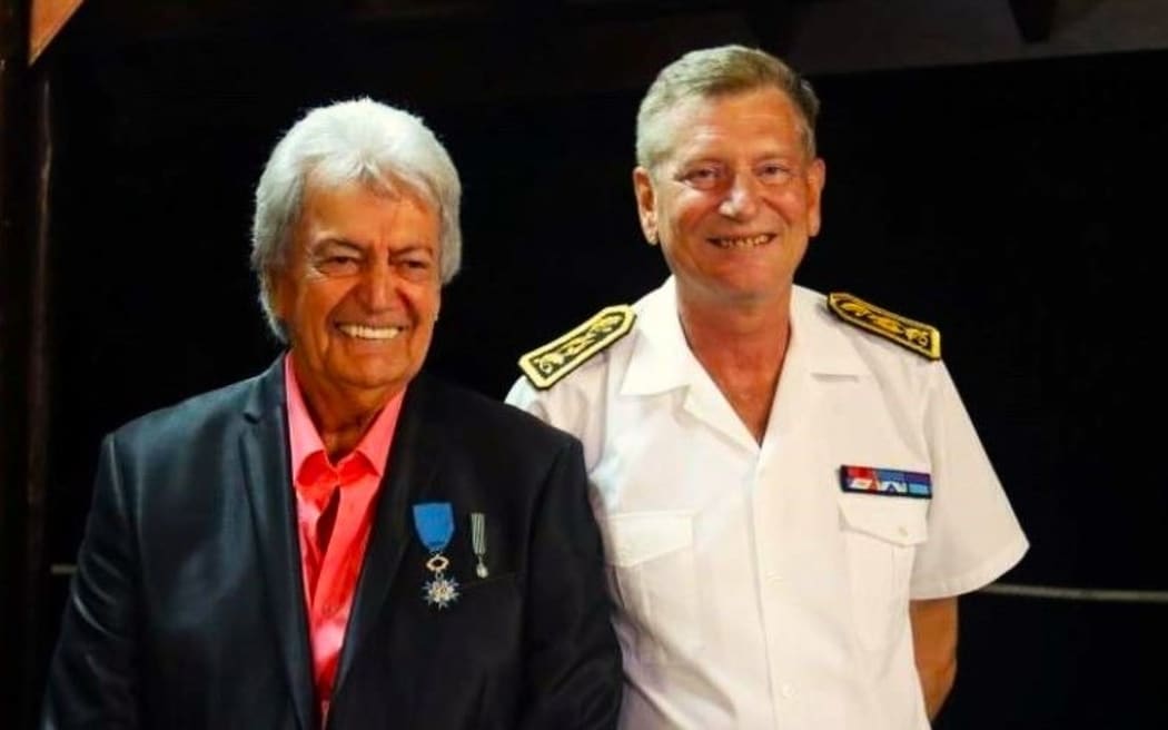 80-year-old Tahiti singer John Gabilou (L) has received the French medal as a Chevalier of Arts and Letters from French High Commissioner Eric Spitz in recognition of a career spanning over sixty years