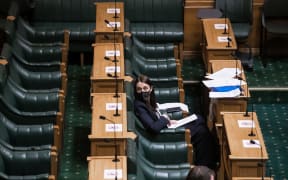 Jacinda Ardern at The first Question time and sitting of the House  in alert level 4 lockdown in the House of Representatives debating chamber.