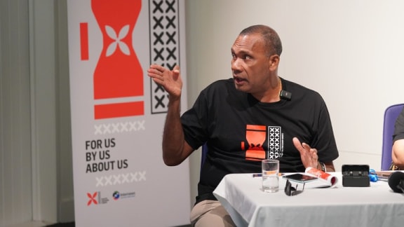 Pacific Freedom Forum chair Robert Iroga details findings of the 2023 Pacific Media Freedom Index, pictured on Sept. 23, 2024