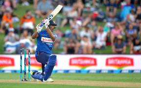 Sri Lanka's Danushka Gunathilaka plays a shot during the first ODI cricket match against New Zealand.