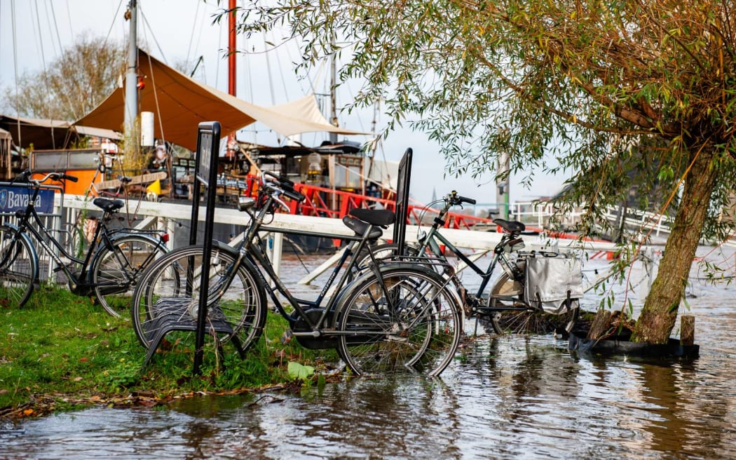 Lower parts of the quay at the Waalkade in Nijmegen, the Netherlands, underwater in November 2023 - the first time in over 20 years that the water levels in the Rhine and Waal have been so high in November.  (Photo by Romy Arroyo Fernandez/NurPhoto) (Photo by Romy Arroyo Fernandez / NurPhoto / NurPhoto via AFP)