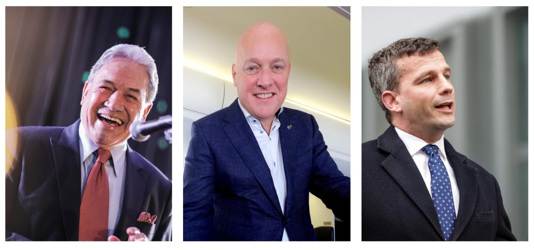 From left, the leaders of New Zealand First, the National Party and ACT: Winston Peters, Christopher Luxon, David Seymour.
