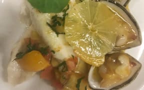 Barbequed John Dory with Cloudy Bay clams, charred cos, heirloom tomato and buttercup