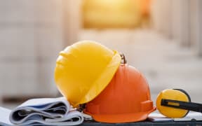 Close-up helmet in the construction site