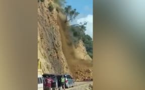 Large rock fall on SH25 at Ruamahunga Bay on Thames Coast Road.
