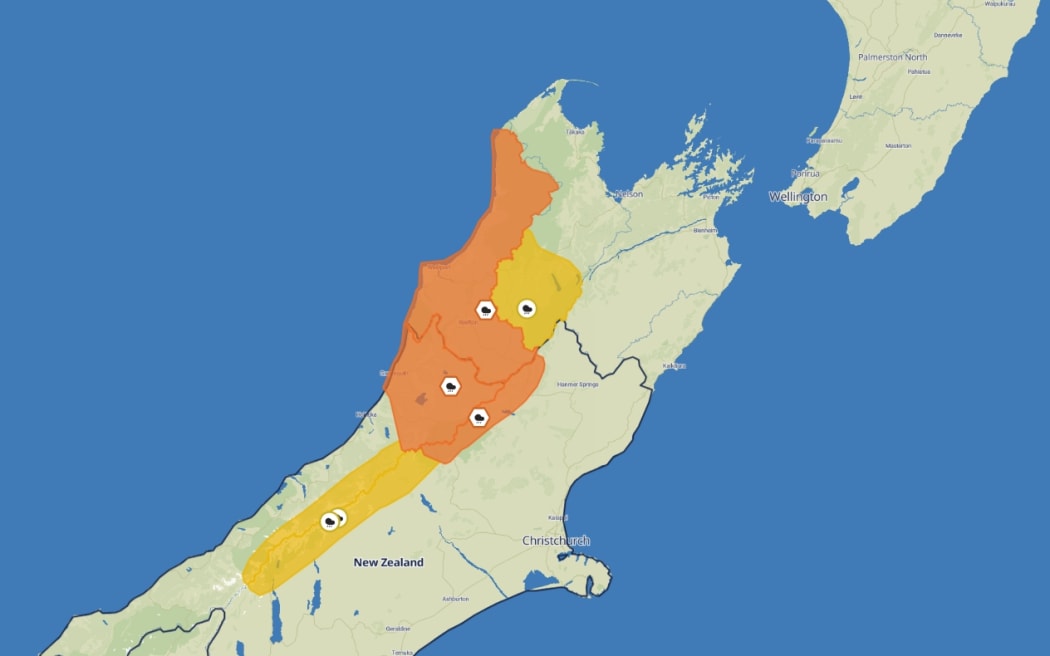MetService warnings and watches over parts of the South Island, mid-morning, Christmas Day 2025.