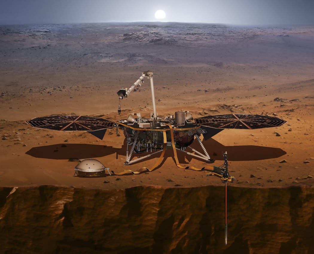 This handout illustration shows NASA's Interior Exploration using Seismic Investigations, Geodesy and Heat Transport (InSight) to be used on the mission to Mars, a first-ever mission to study the heart of Mars