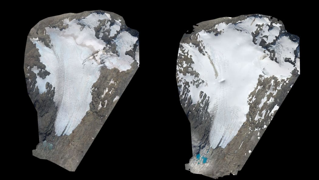 Brewster Glacier. A hot summer in 2016 (left) saw very little snow remaining on the glacier, while 2017 saw lots of snow survive a cooler summer.