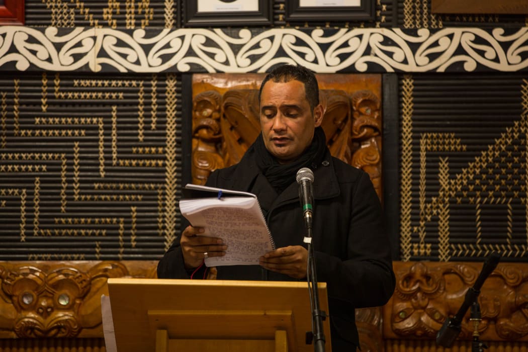 Hurimoana Dennis reads out letters from grateful people who received help from Te Puea Marae. 31 August 2016.