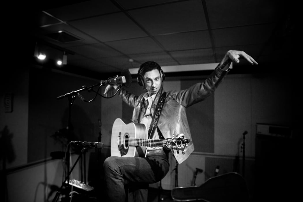 Musician Stan Woodhouse, aka Skyscraper Stan, in the RNZ Auckland studios. 2 November 2017.