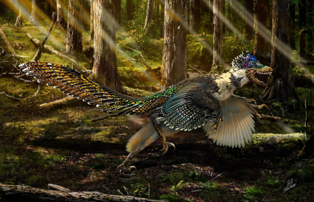An artist's impression of Zhenyuanlong in a Cretaceous forest.