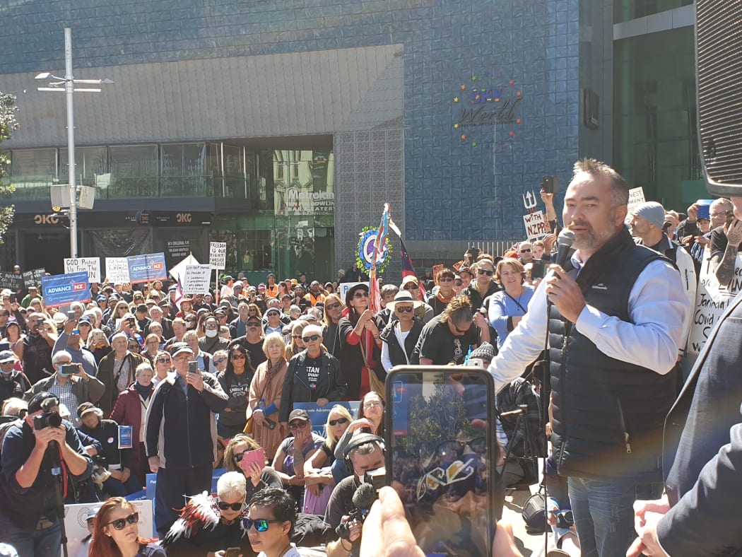 Advance Party co-leader Billy Te Kahika addresses the crowd demonstrating against the government's use of lockdowns and other Covid-19 restrictions on 12 September, 2020.