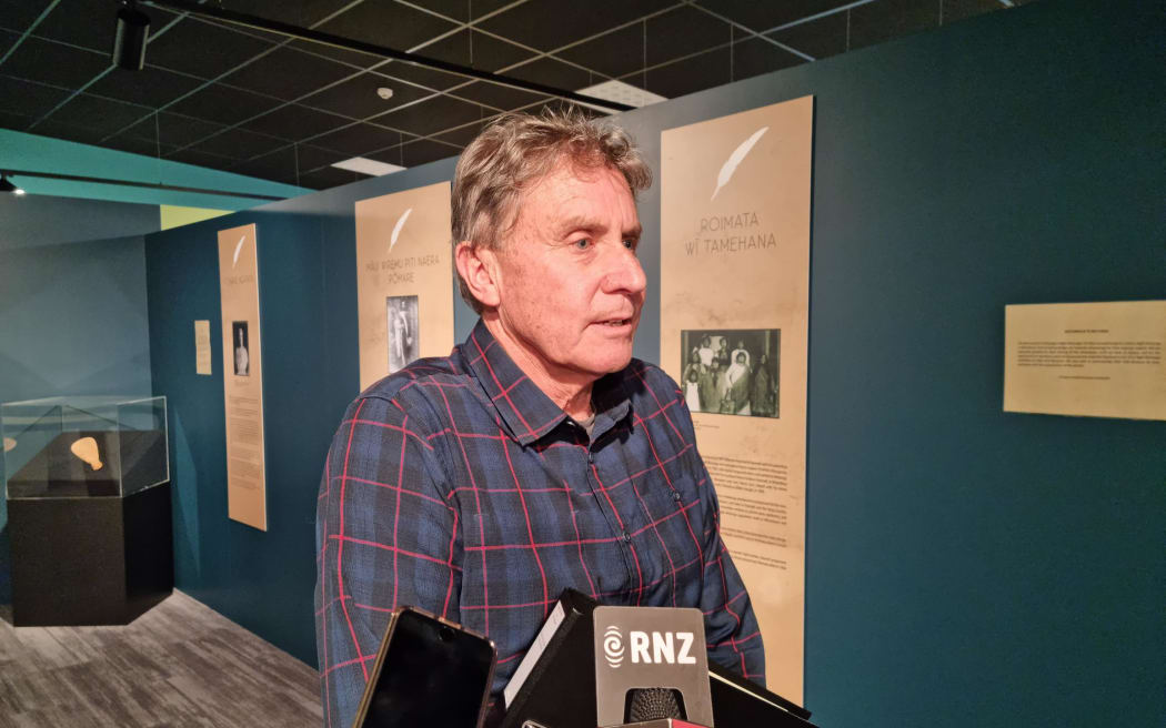 Tom McClurg, Ngāti Mutunga o Wharekauri iwi negotiator, speaking to media in the new museum