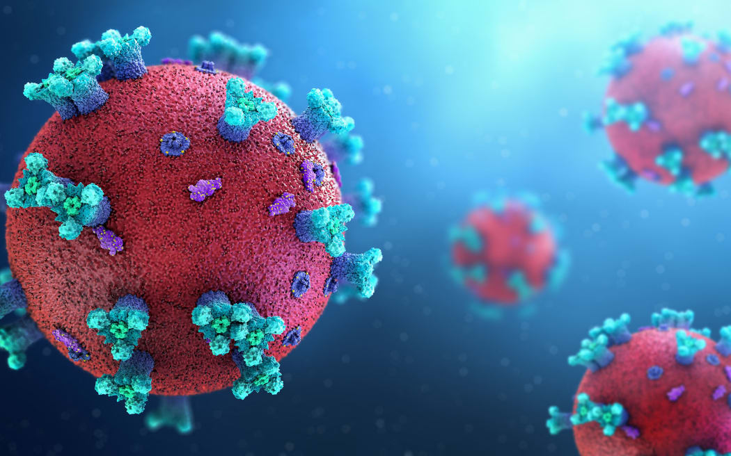 Many coronaviruses, cause of Covid-19, 3d illustration. (Photo by CHRISTOPH BURGSTEDT/SCIENCE PHOT / CBR / Science Photo Library via AFP)