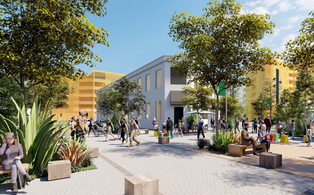A concept design of the social and affordable housing in Nelson, shown in yellow, looking down Bridge St.