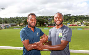 Solomon Islands Phillip Mango and Vanuatu's Brian Kaltak. OFC Nations Cup 2024 Press Conference, Fresh Water Stadium, Port Vila, Vanuatu, Thursday 13 June 2024. Photo: Shane Wenzlick / www.phototek.nz