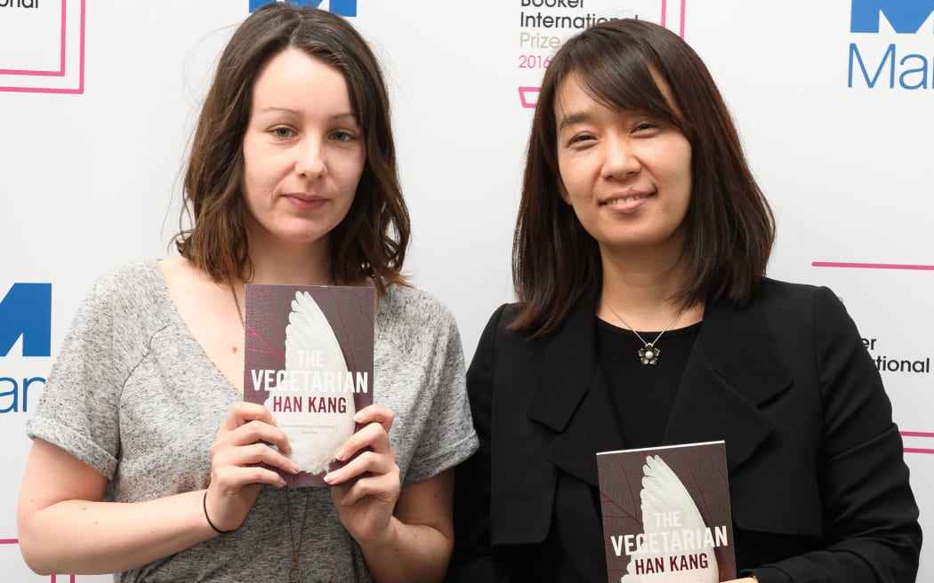 Korean author Han Kang (r) and translator Deborah Smith