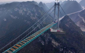 Aerial view of a construction site at the Huajiang Grand Canyon Bridge taken on January 17.