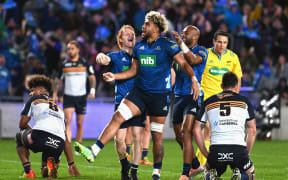 Hoskins Sotutu of the Blues try celebrations playing against the Brumbies.