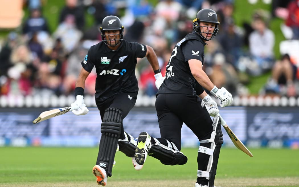 New Zealand's Rachin Ravindra , left, and Will Young during the first ODI international cricket match against Sri Lanka at the Basin Reserve, Wellington, 5 January, 2025.