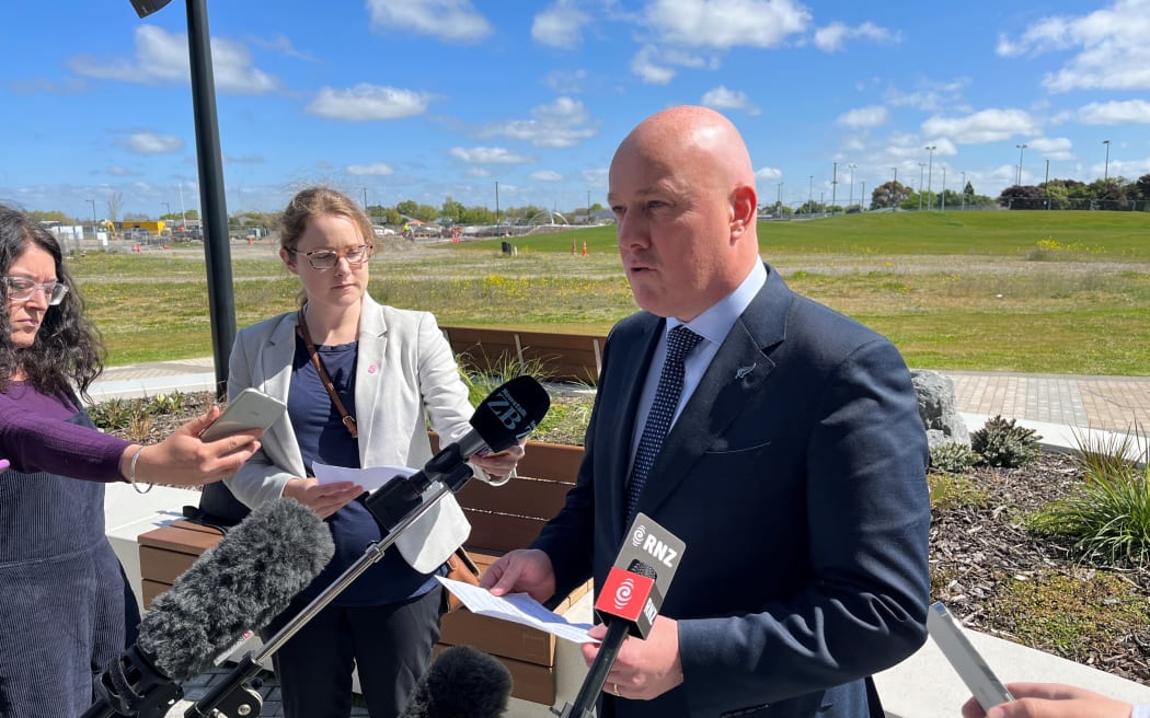 National Party leader Christopher Luxon reading a statement about outgoing Taranaki-King Country MP Barbara Kuriger in Rolleston on 14 October, 2022.