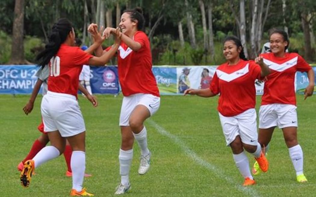 Samoa players celebrate a goal at the Oceania Under 20 Women's Football Championship.