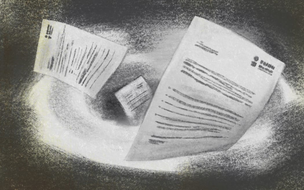 Charcoal sketch of papers flying in air
