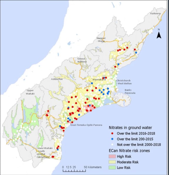 Forest and Bird map overlaid with Environment Canterbury's 2017 risk map.