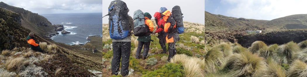 Antipodes Island scenery: view down to South Bay; expedition members waiting out a snow squall; and view of the hut and the large peat slip that came down the hill behind in January 2014.