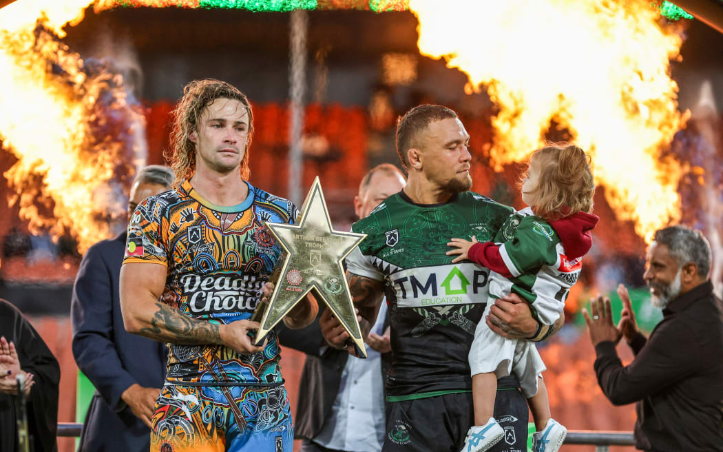 Indigenous' Nicholas Hynes (L) & Maori’s James Fisher-Harris (R) during the Maori v Indigenous, Harvey Norman All Stars Rugby League match at FMG Stadium, Hamilton, New Zealand on Sunday 15 February 2026. Photo: DJ Mills / Photosport