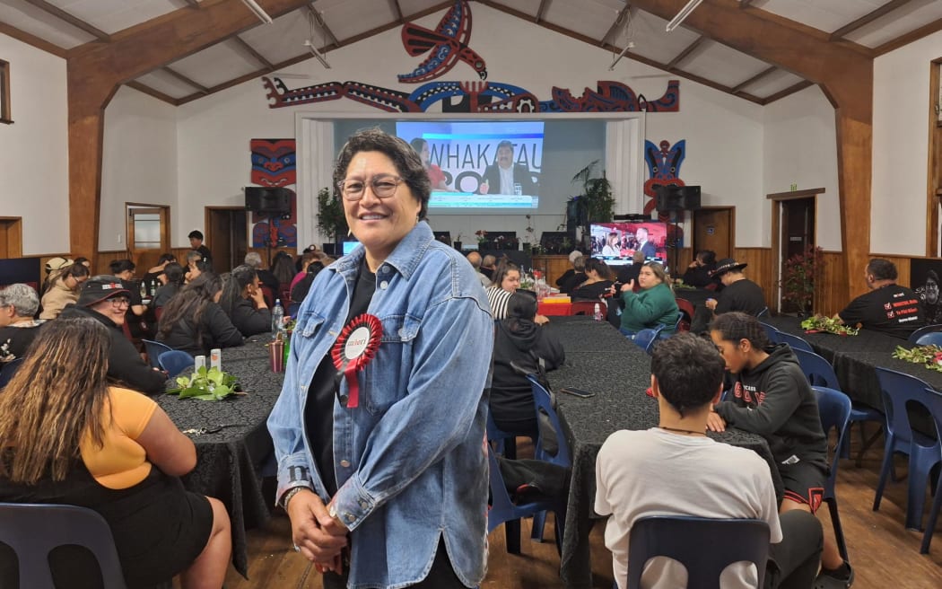 Meka Whaitiri is all smiles at Waipatu Marae, despite trailing behind Labour candidate Cushla Tangaere-Manuel in the race for Ikaroa-Rāwhiti.