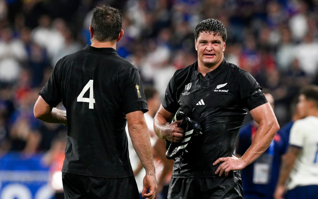 Samuel Whitelock of New Zealand and Scott Barrett of New Zealand dejected after the match. Rugby World Cup France 2023, France v New Zealand All Blacks pool match at Stade de France, Saint-Denis, France on Friday 8 September 2023.