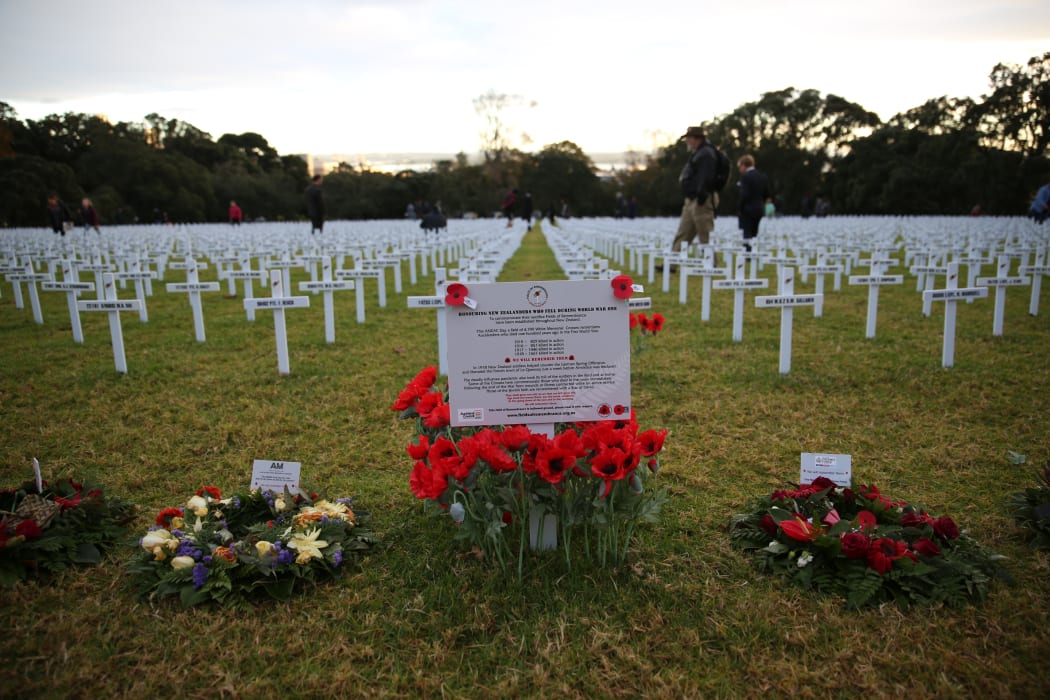 Crosses laid out in memorial at Auckland War Memorial Museum